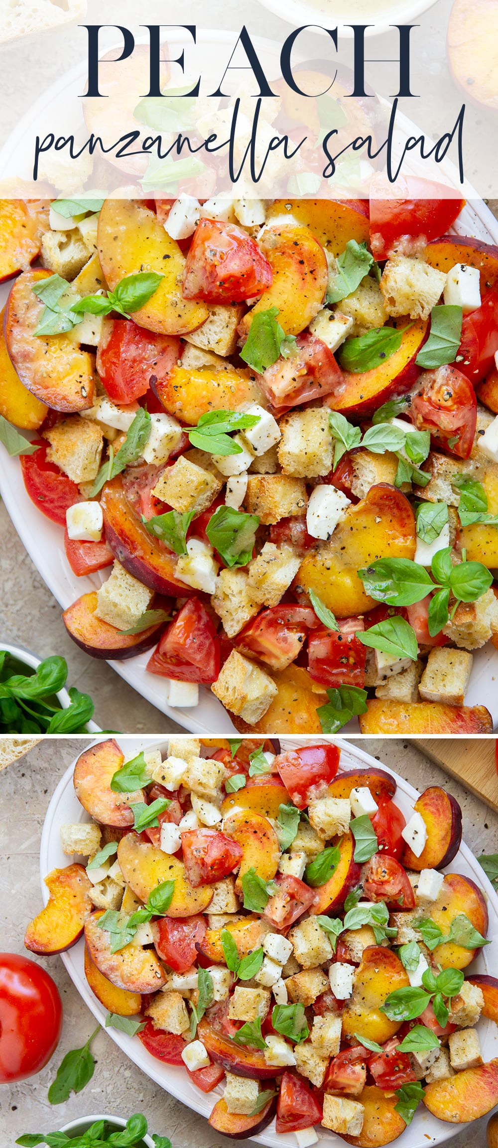 This summery peach panzanella salad is loaded down with crisp toasted bread, juicy peach slices, sweet tomatoes, and lots of fresh basil. A flavorful shallot dressing drizzled on top adds so much flavor!