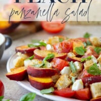 This summery peach panzanella salad is loaded down with crisp toasted bread, juicy peach slices, sweet tomatoes, and lots of fresh basil. A flavorful shallot dressing drizzled on top adds so much flavor!