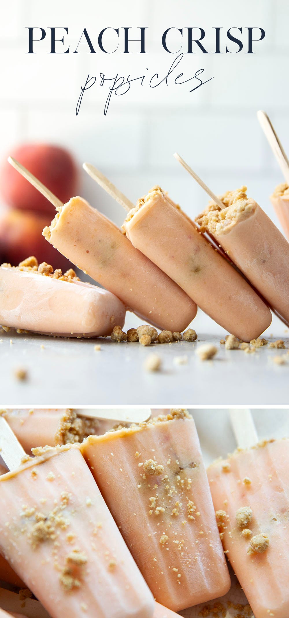 Juicy summer peaches and a crunchy brown sugar streusel are the perfect match in these multi-layered peach popsicles!