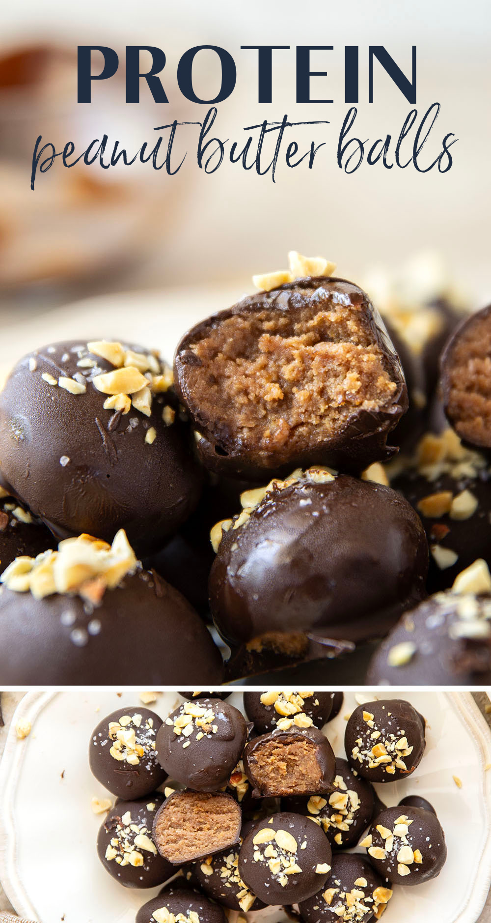 These protein peanut butter balls take only a handful of ingredients to throw together and taste exactly like a peanut butter cup!