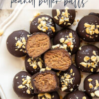 These protein peanut butter balls take only a handful of ingredients to throw together and taste exactly like a peanut butter cup!