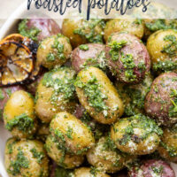 These pesto roasted potatoes feature tender, crispy roasted fingerling potatoes tossed in a homemade lemon kale pesto.
