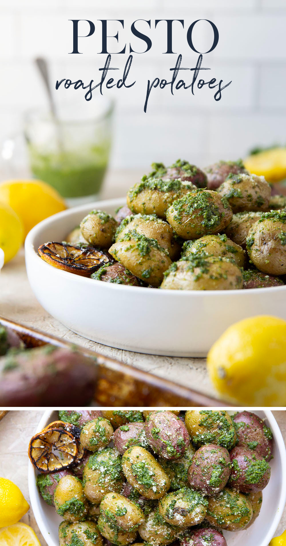 These pesto roasted potatoes feature tender, crispy roasted fingerling potatoes tossed in a homemade lemon kale pesto.
