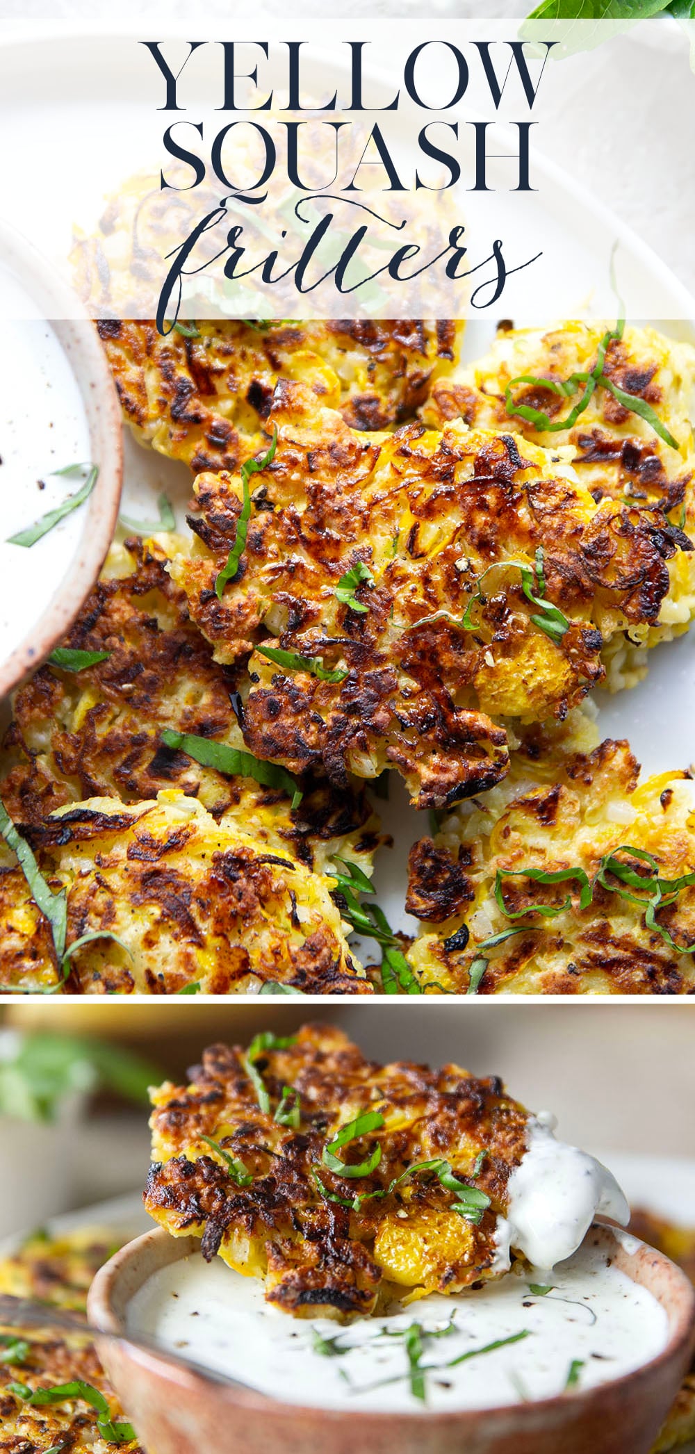 These yellow squash fritters feature perfectly crispy exteriors with a moist, flavorful texture inside. Serve them hot and crispy from the skillet with an herby fresh basil sour cream.