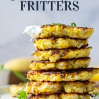 These yellow squash fritters feature perfectly crispy exteriors with a moist, flavorful texture inside. Serve them hot and crispy from the skillet with an herby fresh basil sour cream.