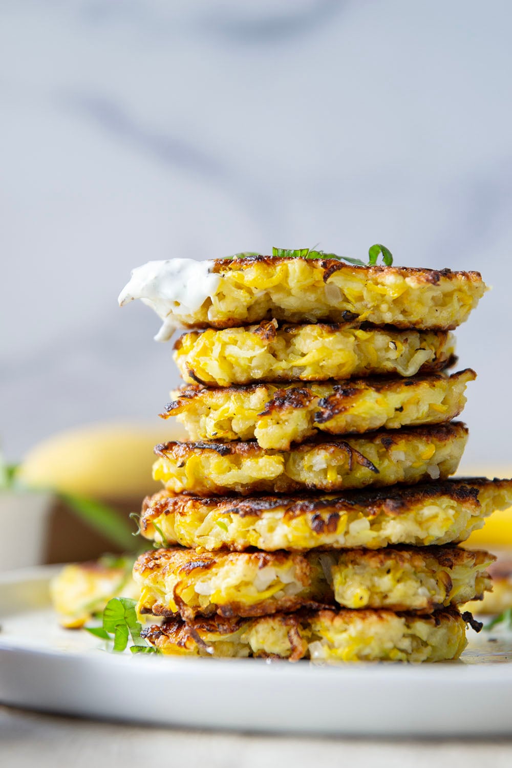 These yellow squash fritters feature perfectly crispy exteriors with a moist, flavorful texture inside. Serve them hot and crispy from the skillet with an herby fresh basil sour cream.