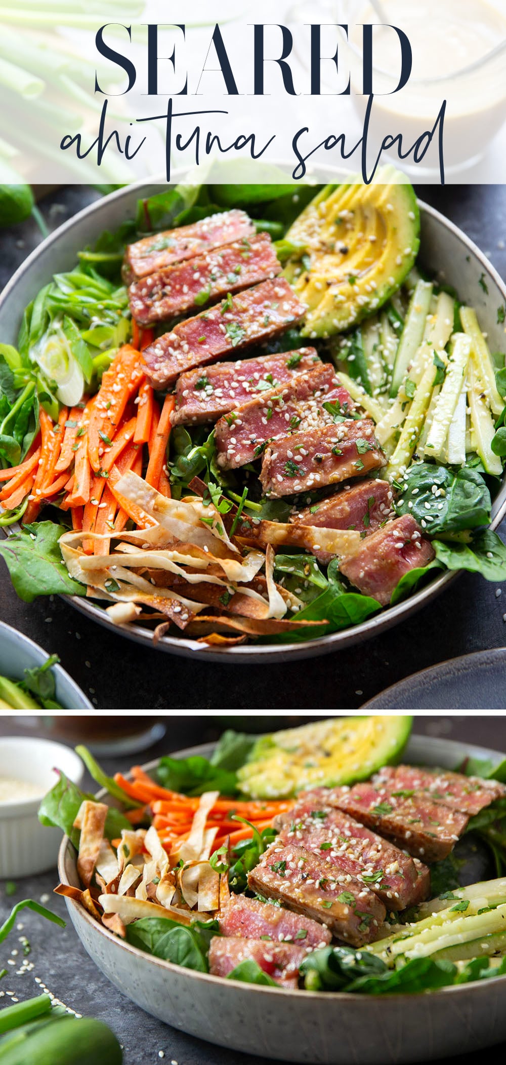This seared ahi tuna salad features perfectly seared ahi tuna dressed up in bowls with lots of fresh greens, crunchy wonton strips, and a savory ginger soy dressing.
