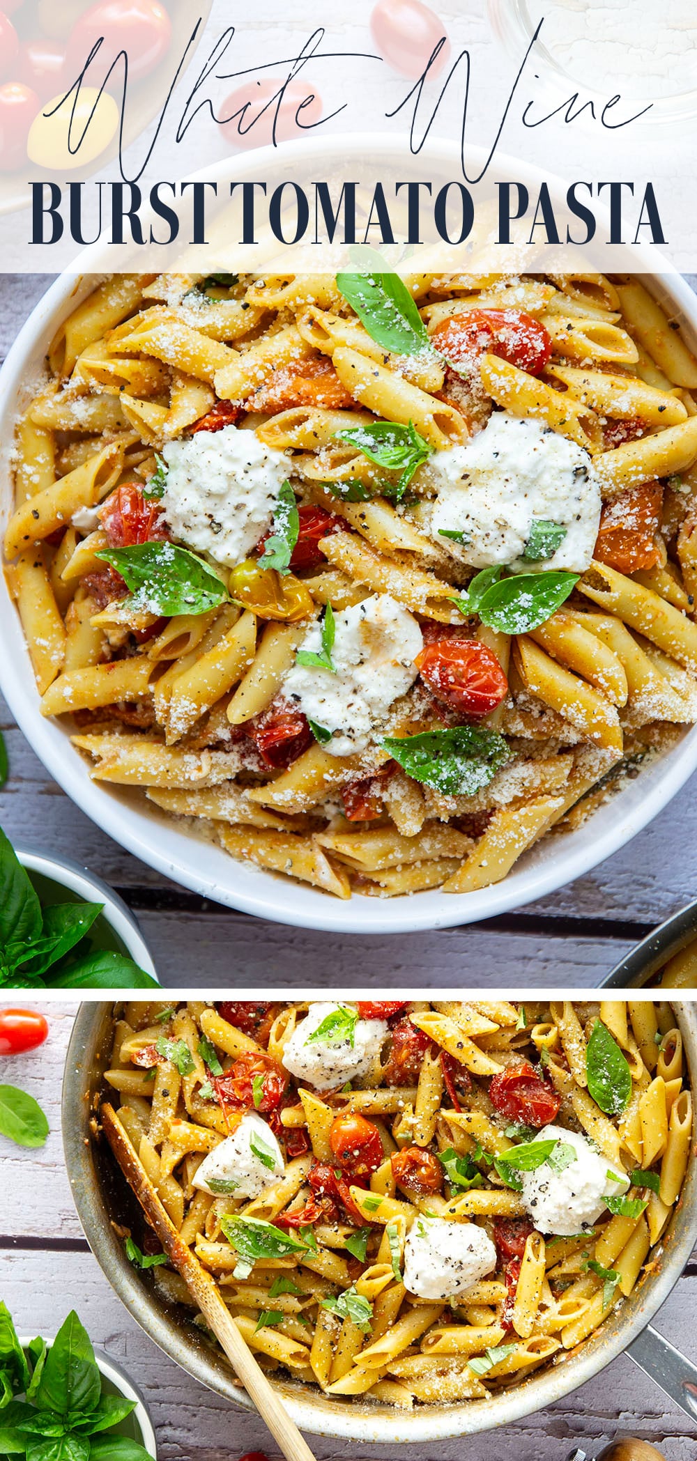 Garden-fresh burst tomato pasta features juicy cherry tomatoes cooked in flavorful white wine with lots of fresh garlic and basil.