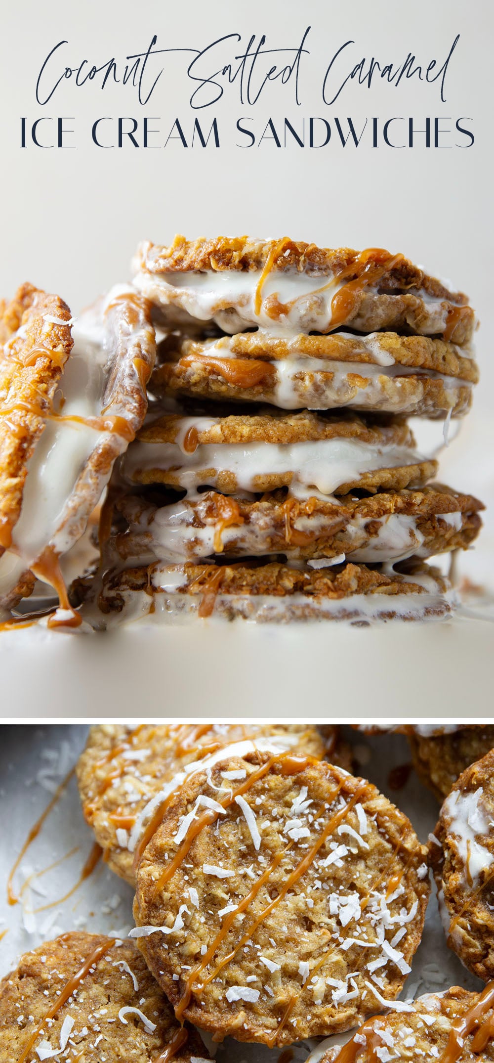 A base of crispy coconut cookies, homemade salted caramel, and a filling of creamy vanilla ice cream take these caramel ice cream sandwiches completely over the top!