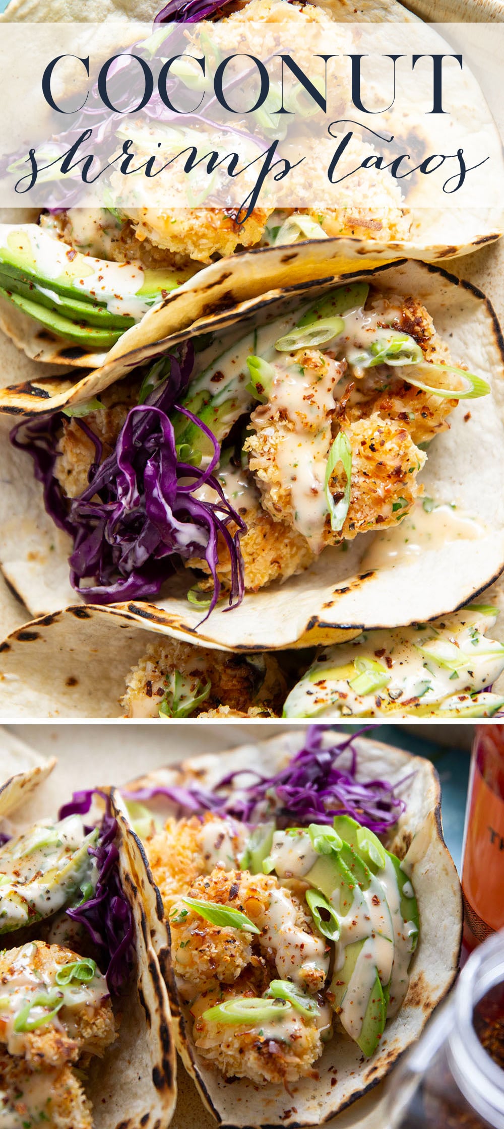 Golden oven-fried coconut shrimp collides with a sweet and spicy chili aioli, crisp cabbage, and lots of avocado in these loaded coconut shrimp tacos.
