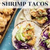 Golden oven-fried coconut shrimp collides with a sweet and spicy chili aioli, crisp cabbage, and lots of avocado in these loaded coconut shrimp tacos.