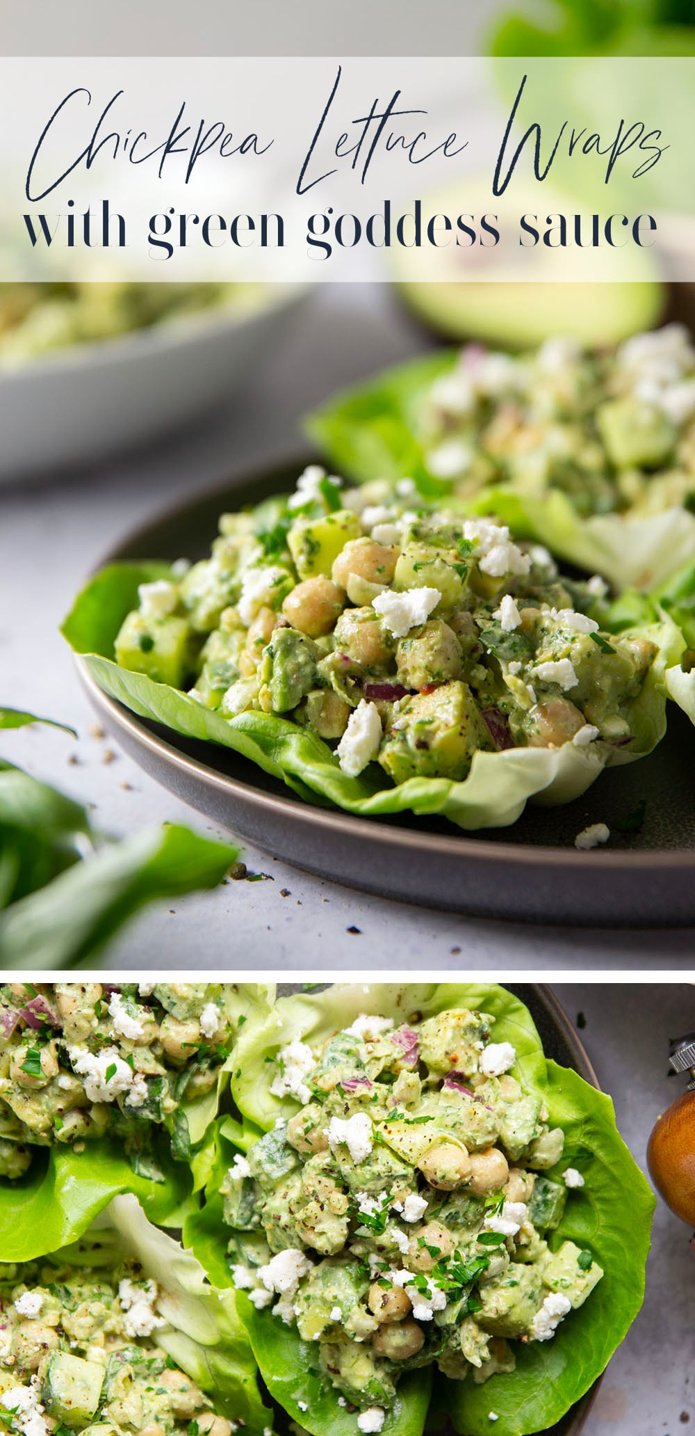 Smashed chickpeas, crunchy cucumber, and an herby green goddess sauce pack tons of flavor into these light, yet filling chickpea lettuce wraps.