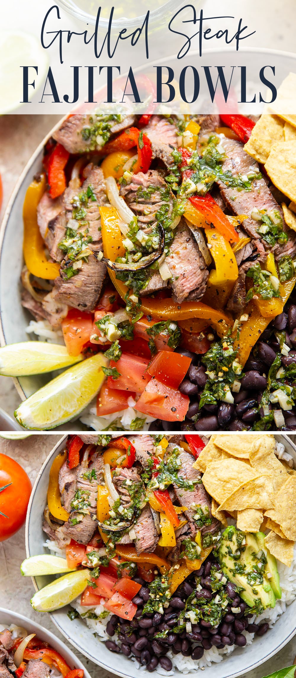 Juicy grilled sirloin steak, sweet peppers, and an herby fresh chimichurri sauce make for the ultimate summer steak fajita bowls.