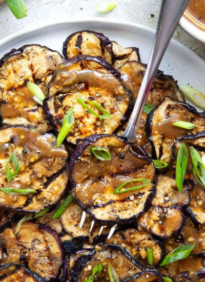 Grilled until crispy and drizzled in a flavorful miso ginger sauce, this miso grilled eggplant is the perfect way to use an abundance of eggplant and goes well with any Asian-inspired meal.