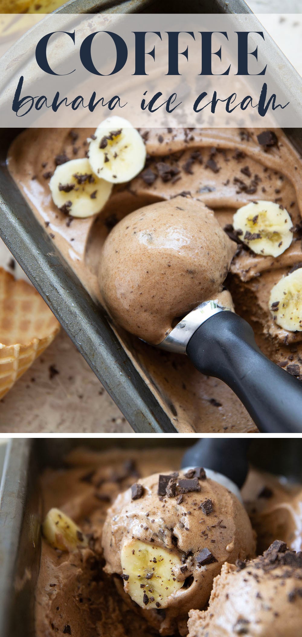 Rich brewed coffee and crunchy chocolate pieces star in this creamy coffee banana ice cream that's entirely banana-based and doesn't even require an ice cream maker!