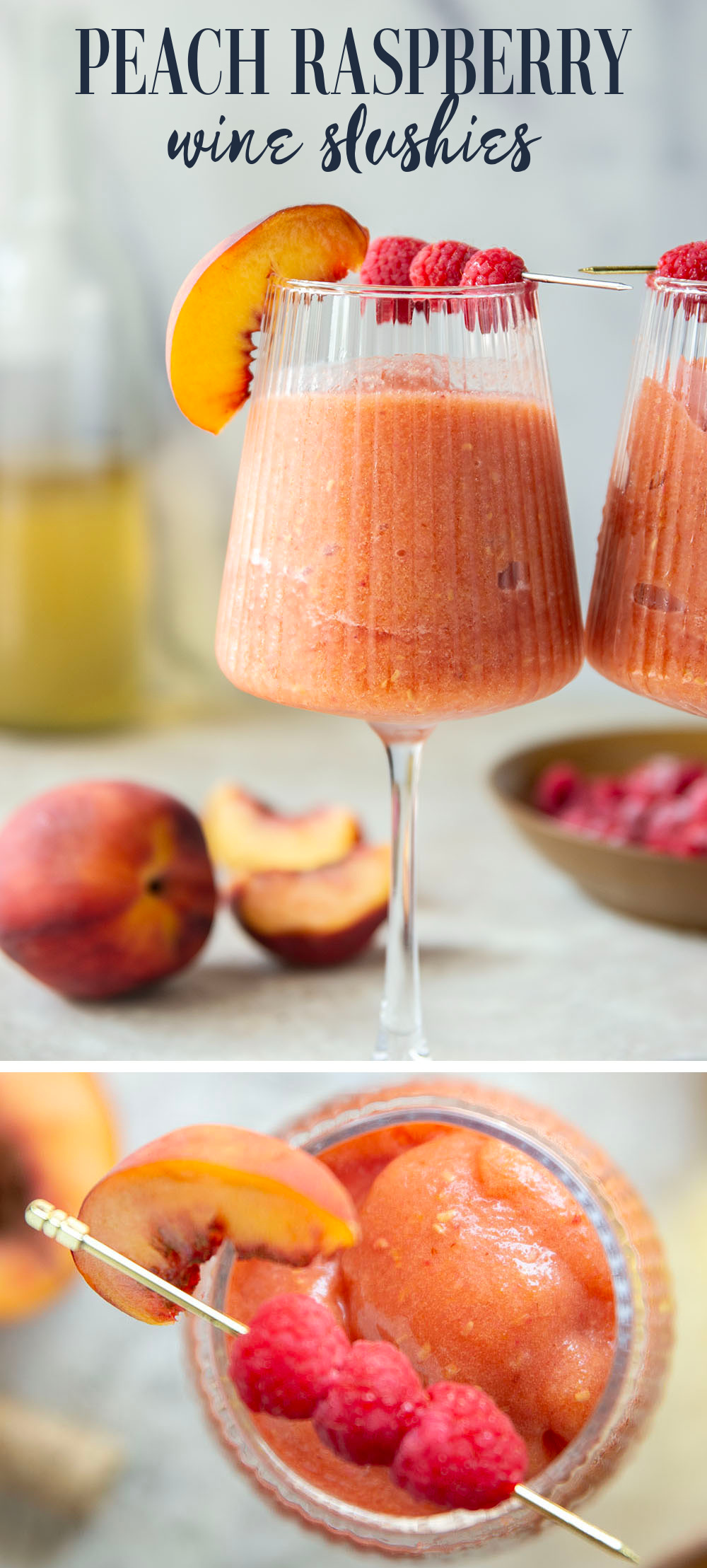 These peach raspberry wine slushies are exploding with sweet summer peaches and raspberries. They blend up in minutes and you can easily double the recipe for a crowd.