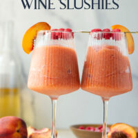 These peach raspberry wine slushies are exploding with sweet summer peaches and raspberries. They blend up in minutes and you can easily double the recipe for a crowd.