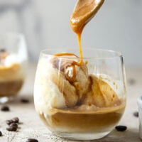 Drizzles of homemade salted caramel sauce, rich espresso, and creamy vanilla ice cream come together in this salted caramel affogato.