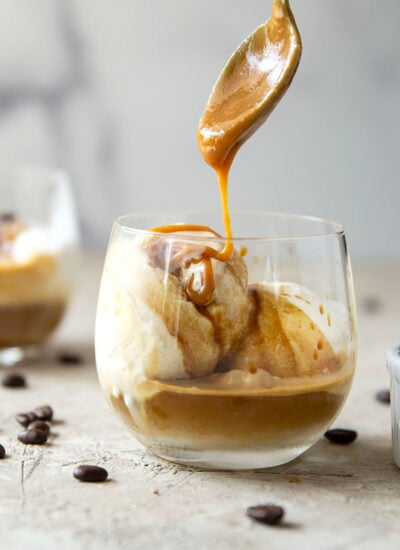 Drizzles of homemade salted caramel sauce, rich espresso, and creamy vanilla ice cream come together in this salted caramel affogato.