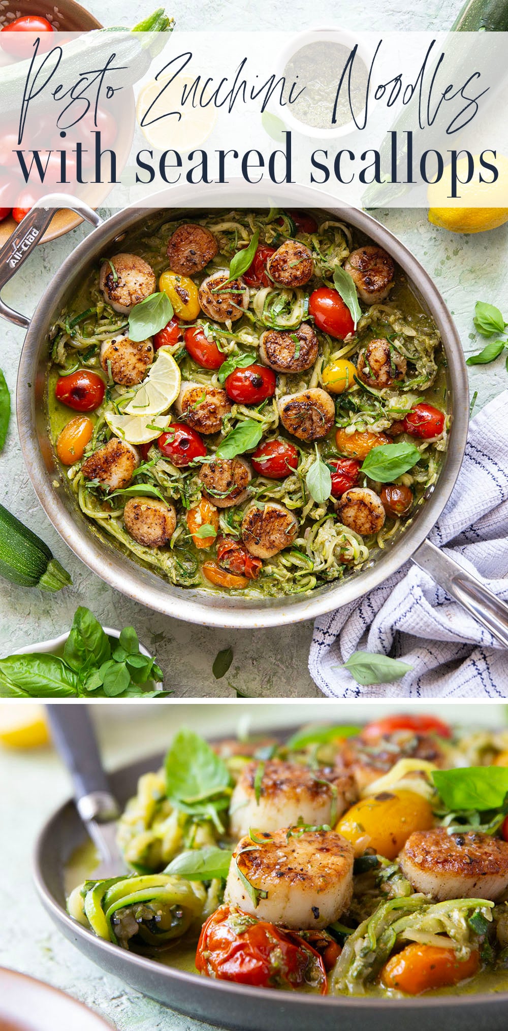 These pesto zucchini noodles come together in minutes with only a handful of summer ingredients and feature lots of flavorful pesto and tender seared scallops on top.