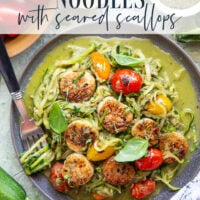 These pesto zucchini noodles come together in minutes with only a handful of summer ingredients and feature lots of flavorful pesto and tender seared scallops on top.