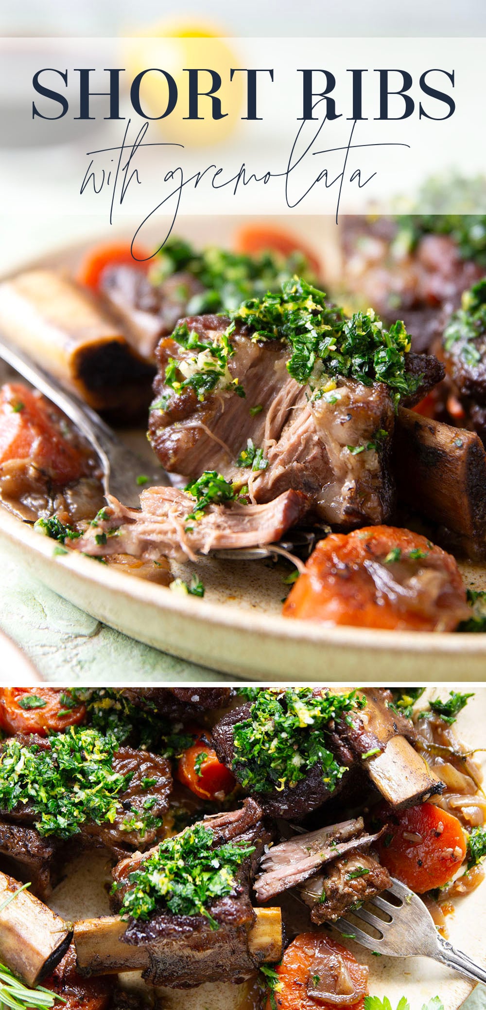 Fall-apart tender beef short ribs with gremolata feature red wine-braised short ribs cooked for hours until tender and topped with a fresh, herby gremolata topping.