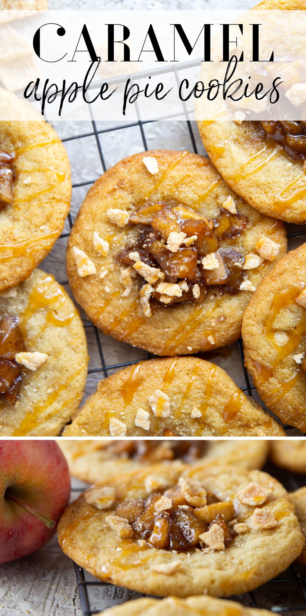 These caramel apple pie cookies feature a soft and chewy butter cookie base with a caramelized apple center, rich drizzles of caramel sauce, and crushed cinnamon crunch cereal on top.