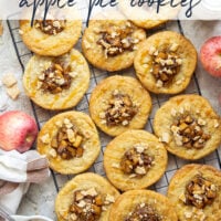 These caramel apple pie cookies feature a soft and chewy butter cookie base with a caramelized apple center, rich drizzles of caramel sauce, and crushed cinnamon crunch cereal on top.