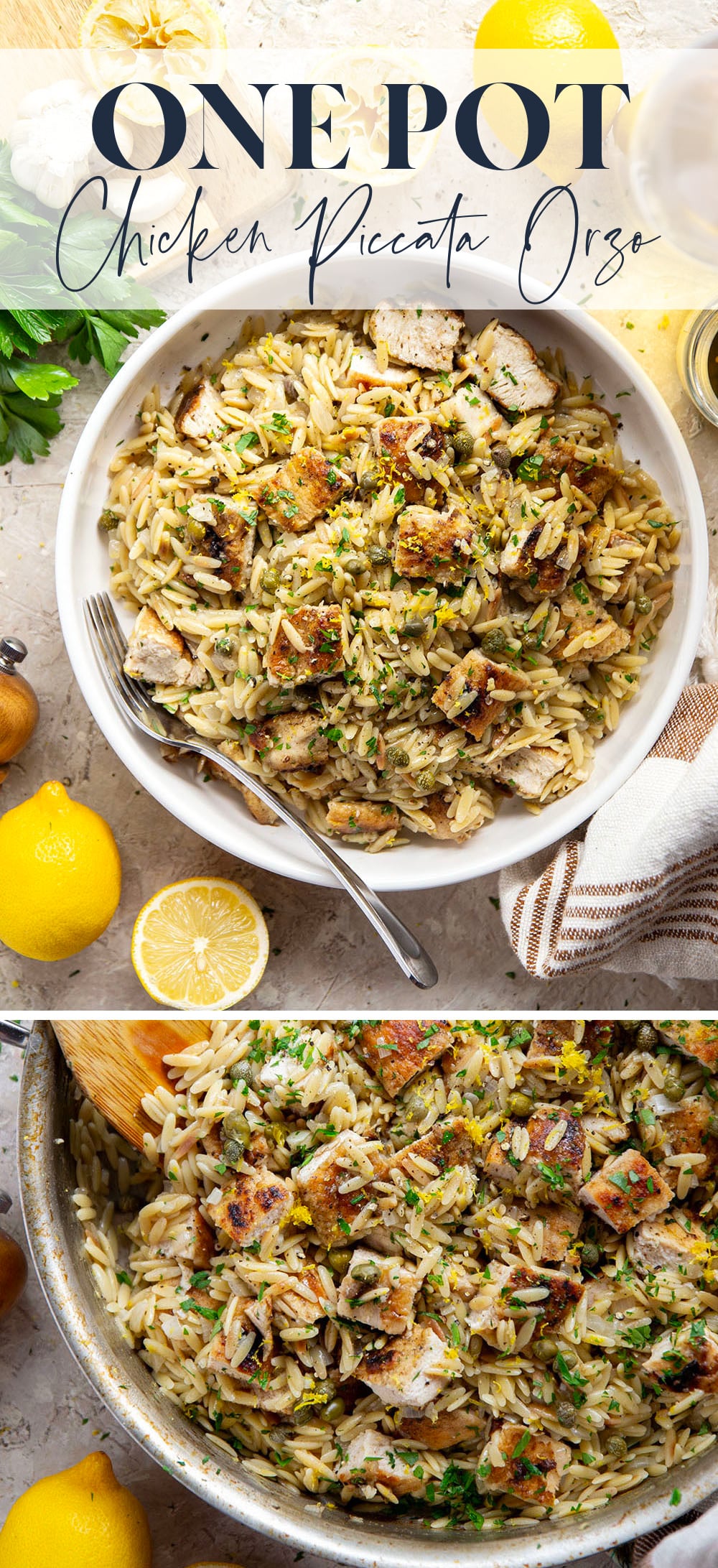 If you love classic restaurant chicken piccata, you'll love this easy one-pot chicken piccata orzo that features lots of fresh lemon, flavorful white wine, and tangy capers in a fluffy orzo base.