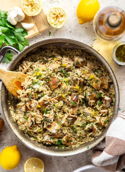 If you love classic restaurant chicken piccata, you'll love this easy one-pot chicken piccata orzo that features lots of fresh lemon, flavorful white wine, and tangy capers in a fluffy orzo base.