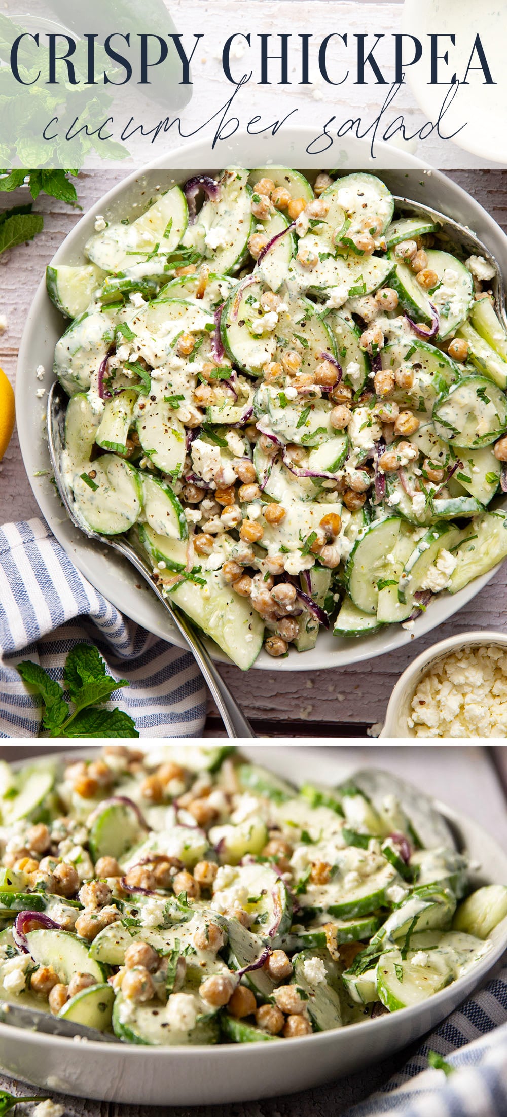 Crispy roasted chickpeas, crunchy cucumber slices, and a cool, creamy mint dressing work incredibly well together in this quick and easy chickpea cucumber salad.