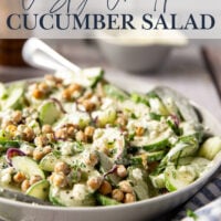 Crispy roasted chickpeas, crunchy cucumber slices, and a cool, creamy mint dressing work incredibly well together in this quick and easy chickpea cucumber salad.