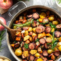 Packed with juicy sausage slices and tons of tender fall vegetables, this sausage vegetable skillet cooks up all in one skillet and is packed with flavor!