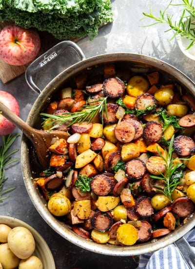 Packed with juicy sausage slices and tons of tender fall vegetables, this sausage vegetable skillet cooks up all in one skillet and is packed with flavor!