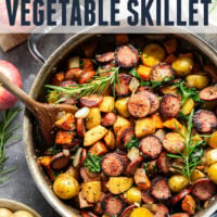 Packed with juicy sausage slices and tons of tender fall vegetables, this sausage vegetable skillet cooks up all in one skillet and is packed with flavor!