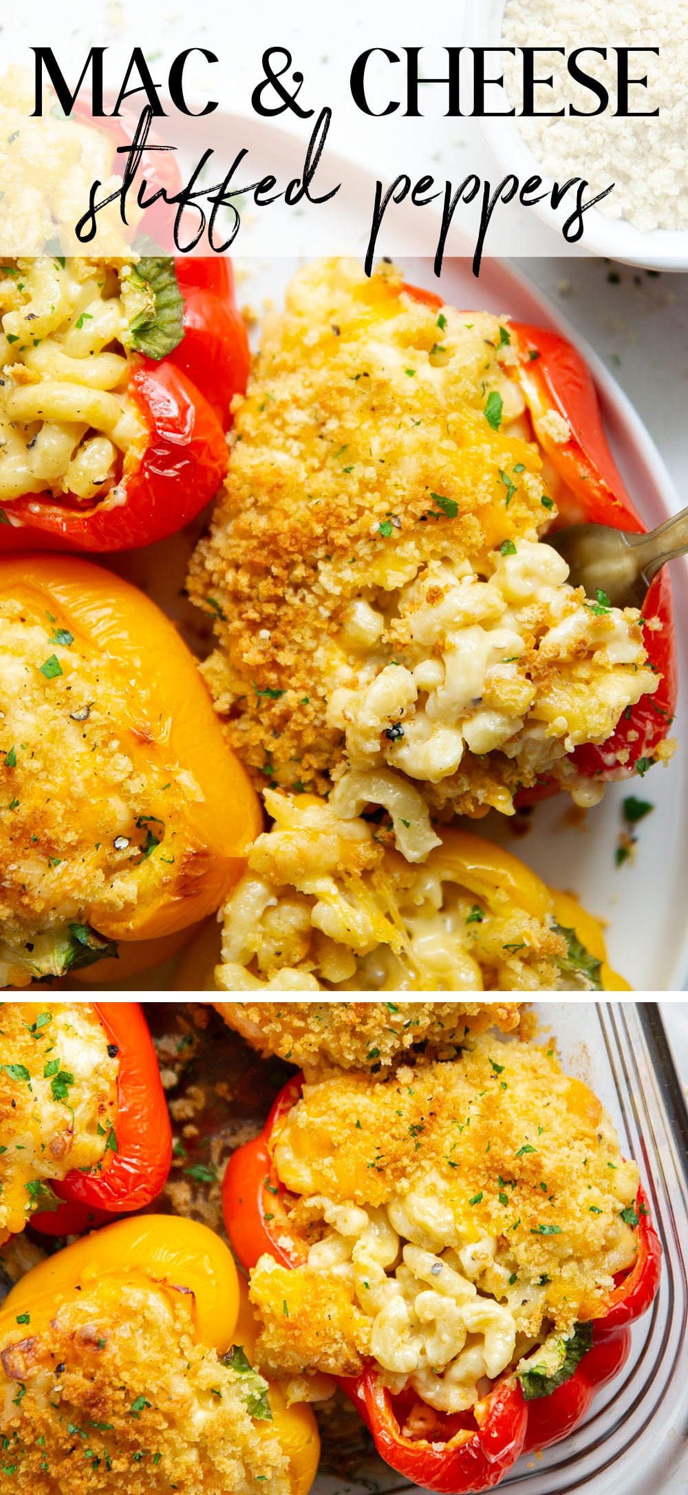 Rich and cheesy mac and cheese stuffed peppers feature tender sweet peppers stuffed with creamy mac and cheese with lots of crispy breadcrumbs on top.