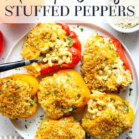 Rich and cheesy mac and cheese stuffed peppers feature tender sweet peppers stuffed with creamy mac and cheese with lots of crispy breadcrumbs on top.