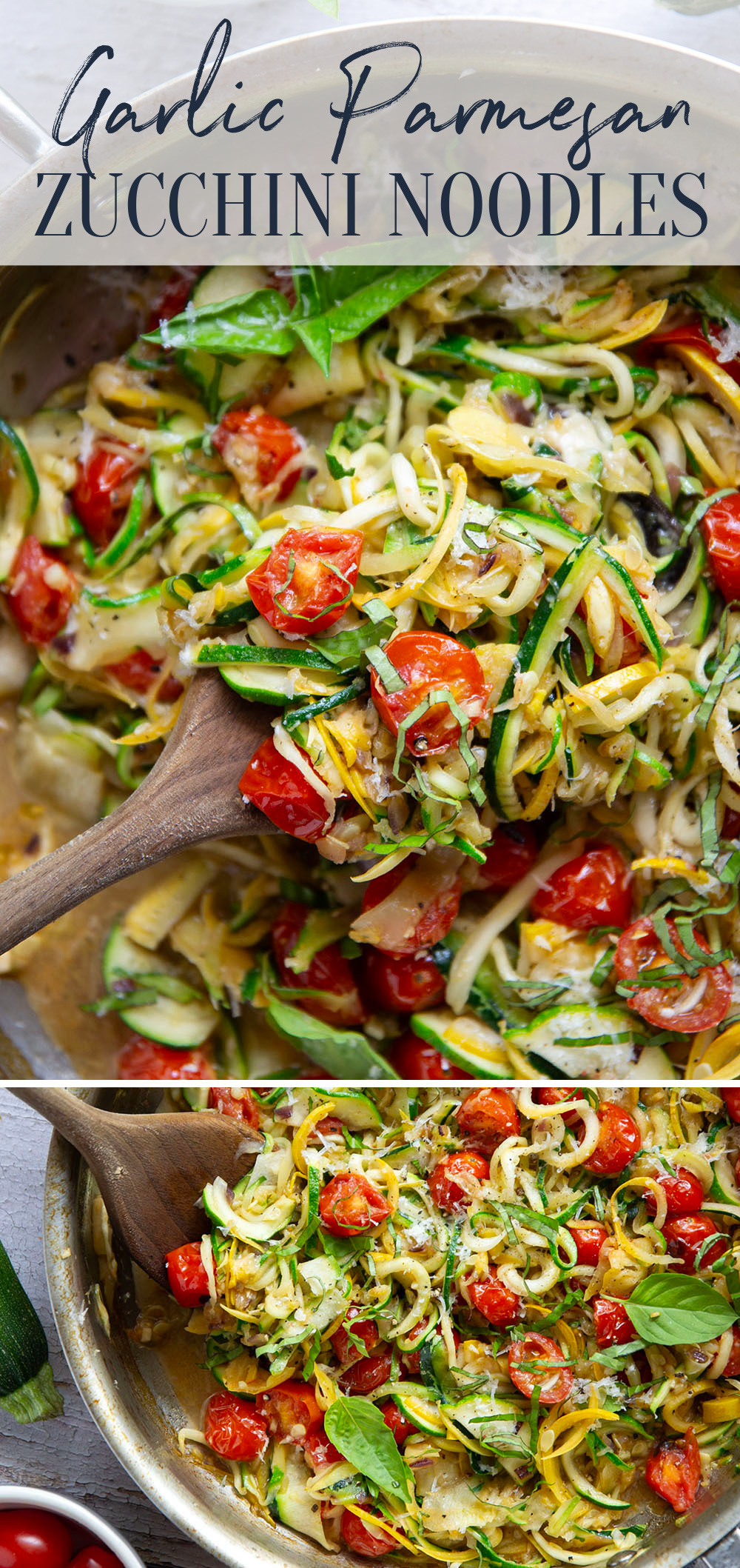 Made in one pan in only 10 minutes and loaded with freshly grated Parmesan and lots of fresh garlic, these garlic Parmesan zucchini noodles are a side dish that goes well with any summer meal.