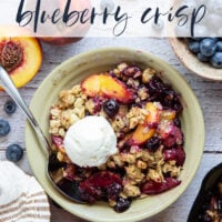 This peach blueberry crisp is all of summer's finest in one pan! Juicy peaches and blueberries, a crispy oatmeal streusel on top, and that obligatory scoop of vanilla ice cream.