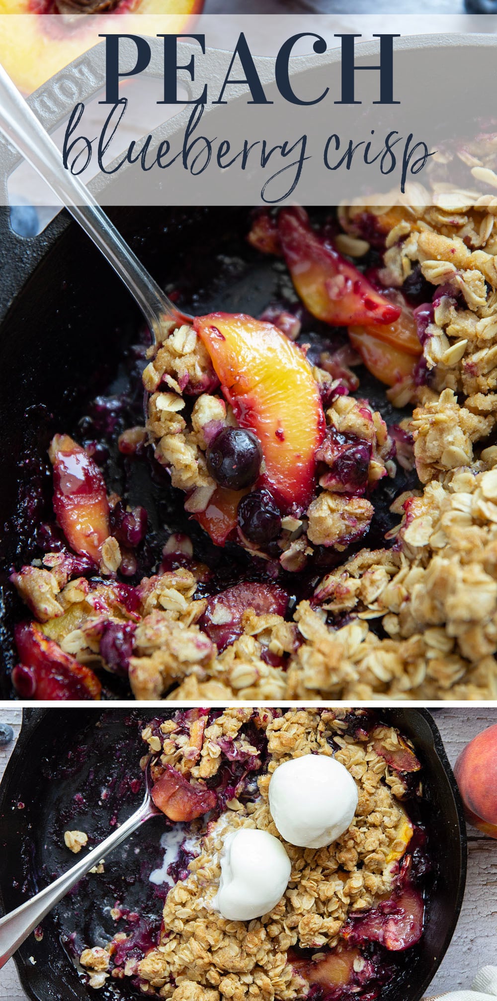 This peach blueberry crisp is all of summer's finest in one pan! Juicy peaches and blueberries, a crispy oatmeal streusel on top, and that obligatory scoop of vanilla ice cream.