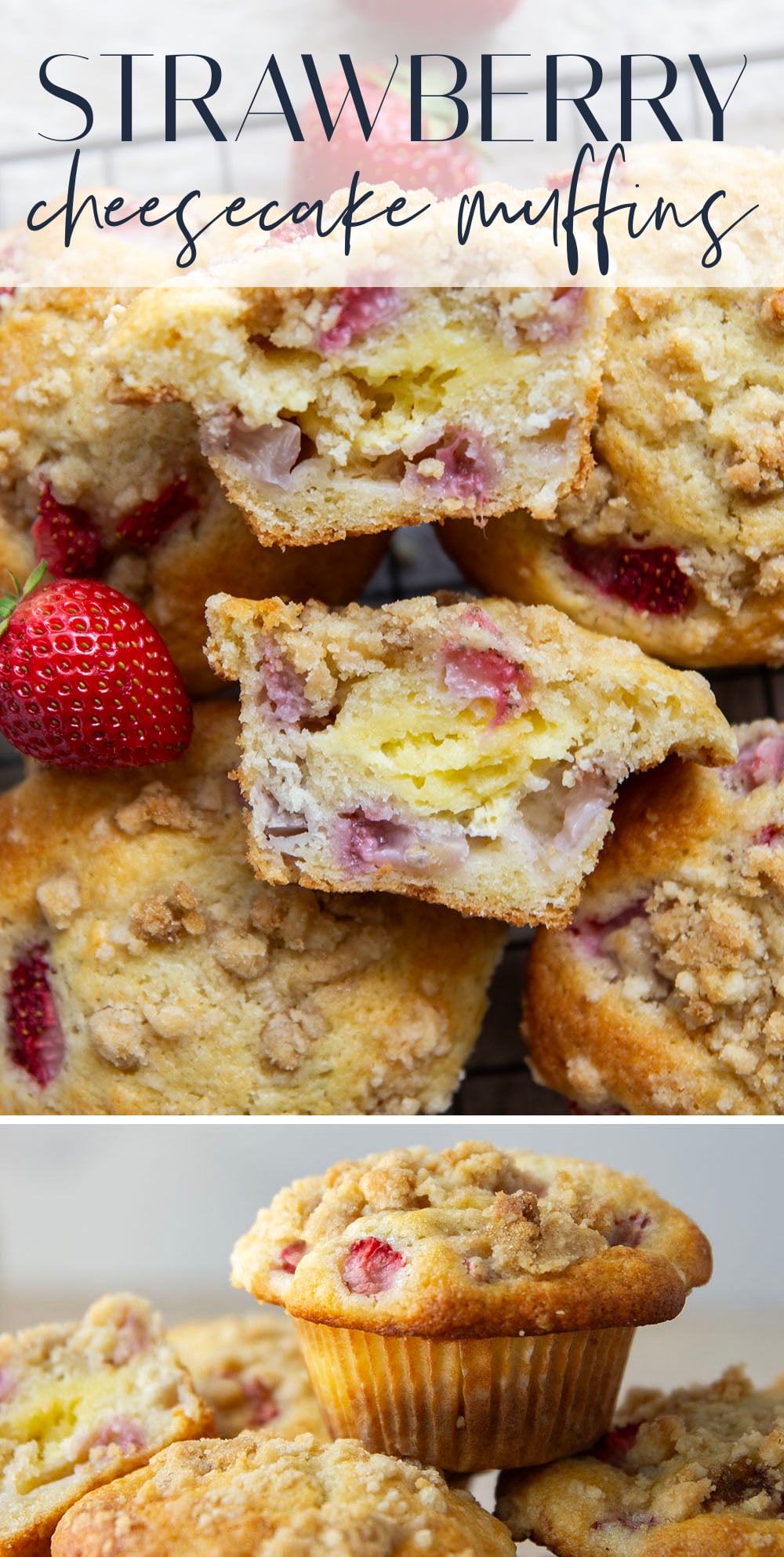Packed with juicy strawberries, filled with a luscious cheesecake filling, and topped with a buttery crumb topping, these strawberry cheesecake muffins are the best of all worlds wrapped up into one muffin.