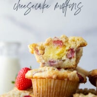 Packed with juicy strawberries, filled with a luscious cheesecake filling, and topped with a buttery crumb topping, these strawberry cheesecake muffins are the best of all worlds wrapped up into one muffin.