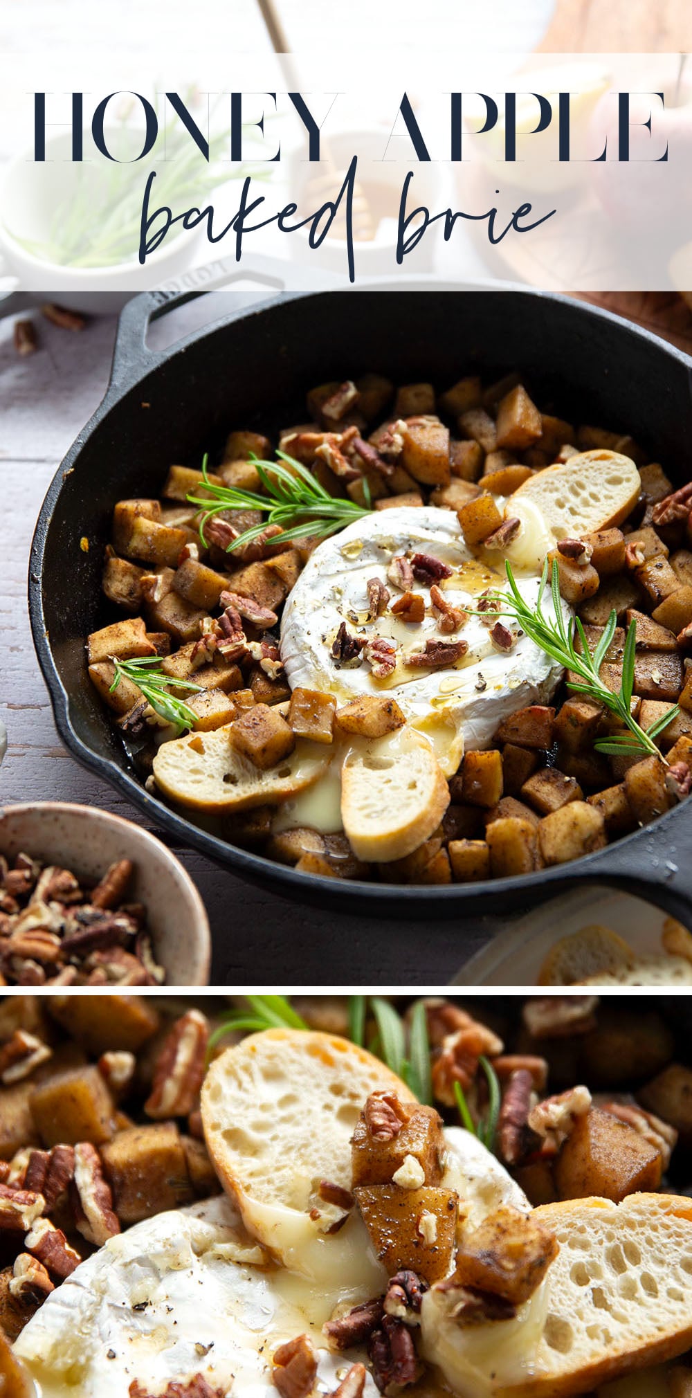 Honey-roasted apples and gooey brie make for the dream team in this honey apple baked brie that's always a hit appetizer with crostini for dipping.