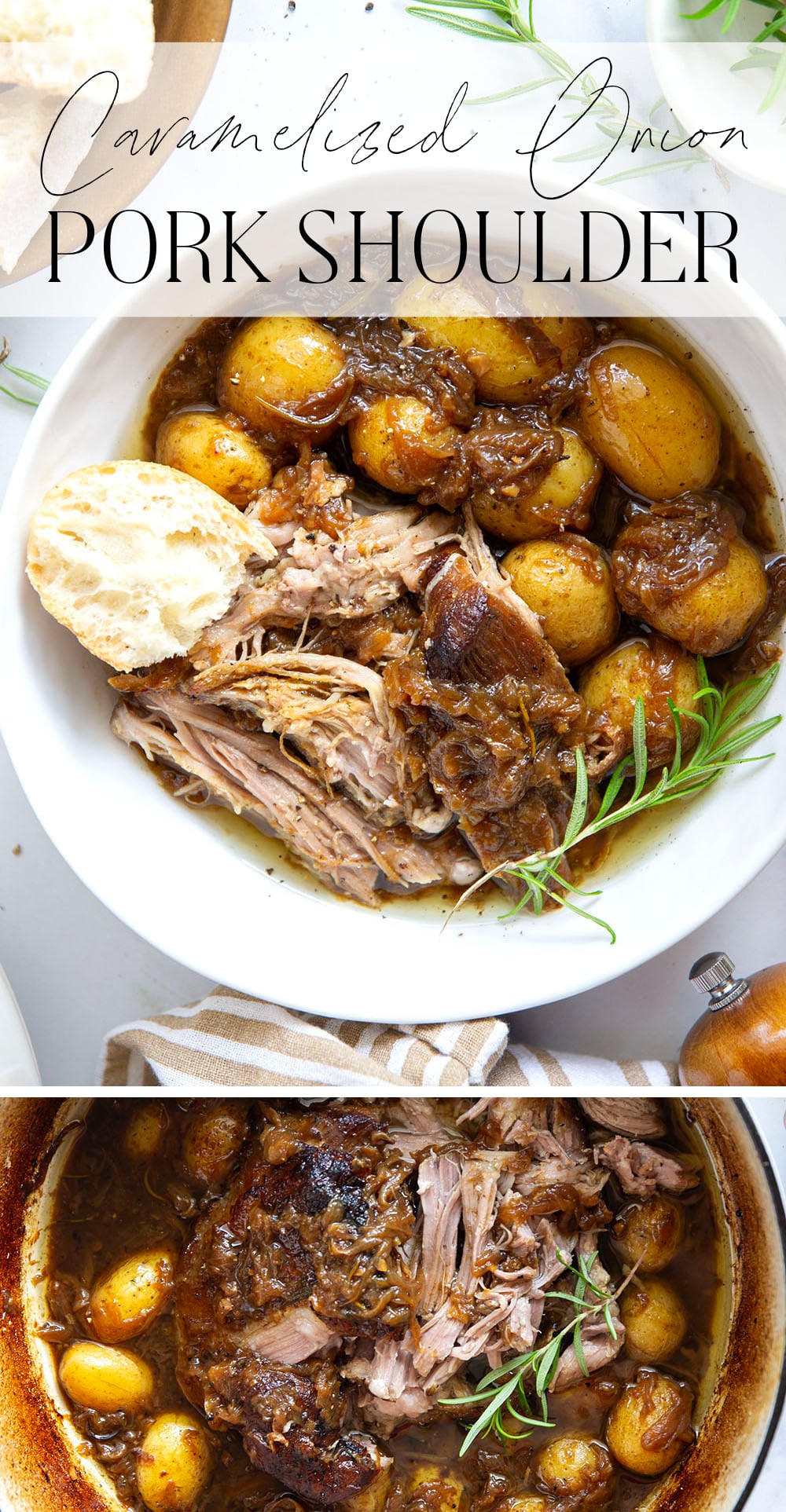 Braised for hours in a caramelized onion sauce with lots of hearty potatoes, this braised pork shoulder cooks up fall-apart tender and makes a great meat entree for any occasion.