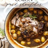 Braised for hours in a caramelized onion sauce with lots of hearty potatoes, this braised pork shoulder cooks up fall-apart tender and makes a great meat entree for any occasion.