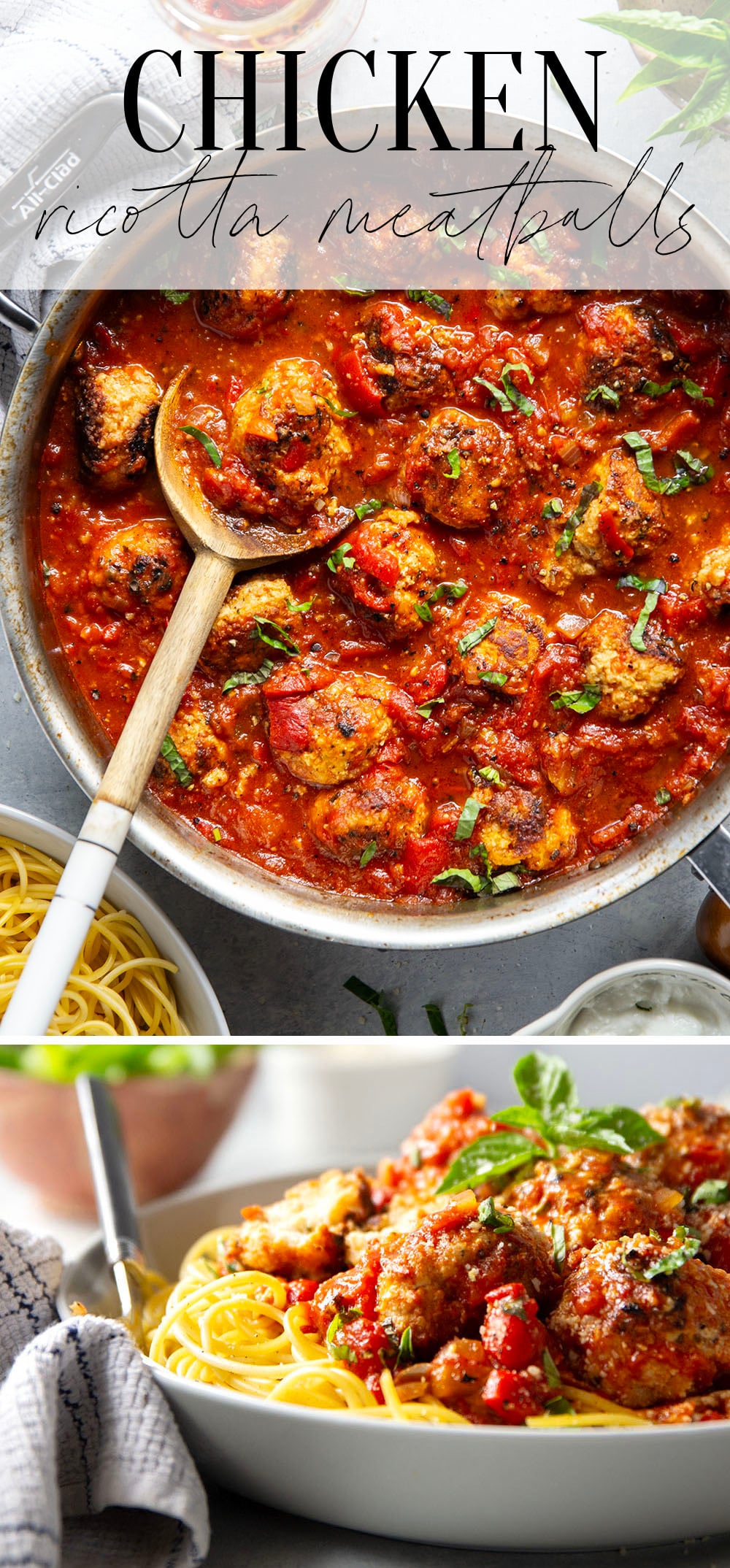 Moist and tender chicken ricotta meatballs are simmered in a flavorful roasted red pepper tomato sauce and are amazing served over spaghetti with lots of Parmesan and basil on top.