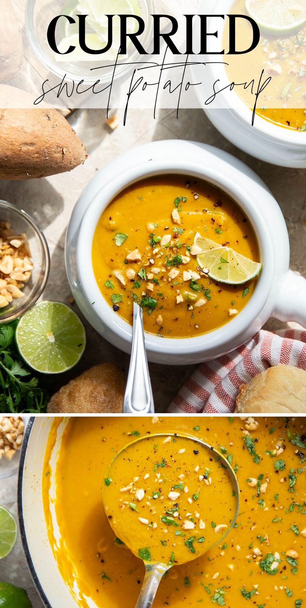 Hearty sweet potatoes and flavorful spices combine in this curried sweet potato soup that has a velvety-smooth texture and pairs very well with a grilled cheese or crusty bread for dipping.