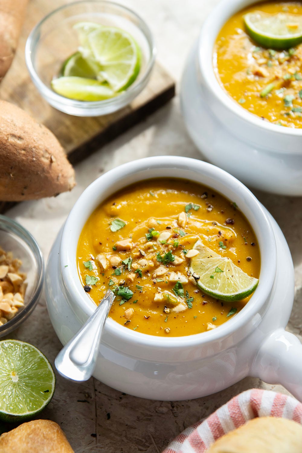 Hearty sweet potatoes and flavorful spices combine in this curried sweet potato soup that has a velvety-smooth texture and pairs very well with a grilled cheese or crusty bread for dipping.