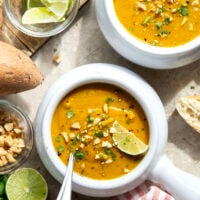 Hearty sweet potatoes and flavorful spices combine in this curried sweet potato soup that has a velvety-smooth texture and pairs very well with a grilled cheese or crusty bread for dipping.