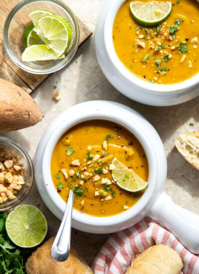 Hearty sweet potatoes and flavorful spices combine in this curried sweet potato soup that has a velvety-smooth texture and pairs very well with a grilled cheese or crusty bread for dipping.
